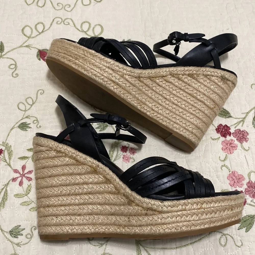 Coach Dottie Black Wedge Espadrille Charms Semi Matte Calf Sz 8 Summer Coquette